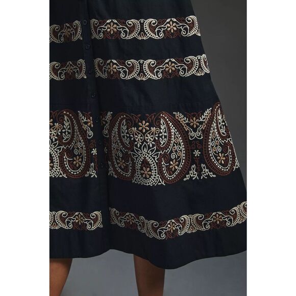 New Anthropologie Embroidered Midi Swing Black Shirt Dress Medium - Picture 5 of 13